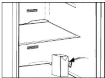 Simple line drawing of a cabinet with an open box and directional arrow (no text or symbols).