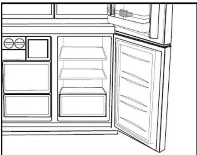 Line drawing of an open refrigerator with shelves and doors (no text or symbols)
