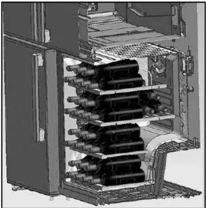 Interior view of a laboratory or industrial equipment unit with multiple cylindrical components stacked vertically (no visible text or symbols)