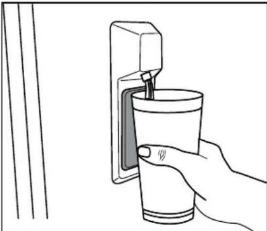 Line drawing of a hand inserting a cup into a wall-mounted device (no text or symbols)