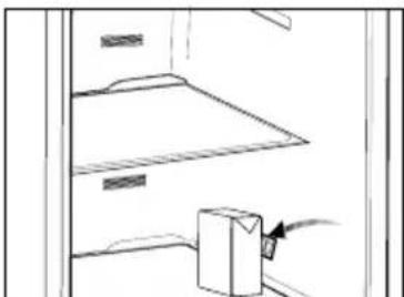 Simple line drawing of a cabinet or rack with a box and cable.