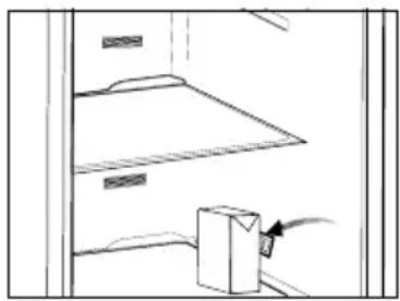 Simple line drawing of a cabinet or shelving unit with a box and an arrow pointing to it, no text or symbols.