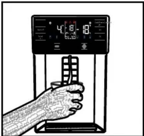 Illustration of a hand pressing down on a digital water level control panel with temperature and humidity readings