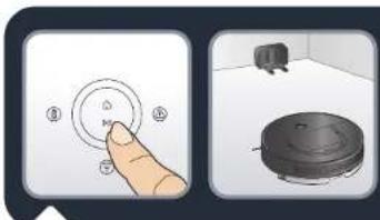 Diagram showing a hand pressing a circular button labeled with icons and numbers, alongside a close-up of a device with a lid.