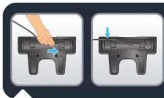 Two-step diagram showing a hand pressing down on a black plastic component, with arrows indicating the process (no text or symbols present)