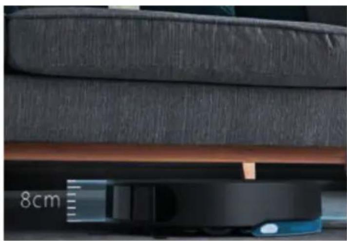 Close-up of a robotic vacuum cleaner with 8cm height indicator (no text or symbols on the device itself)