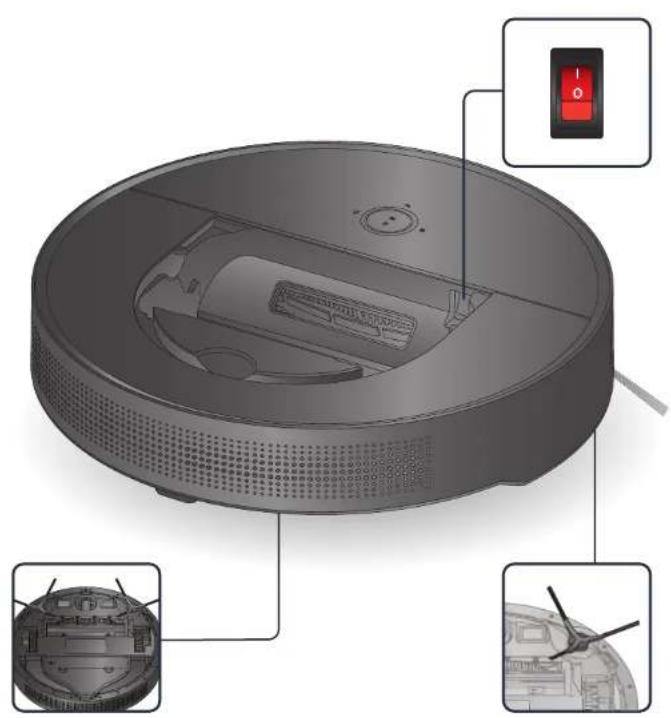 3D rendering of a robotic vacuum cleaner with labeled components and control buttons (no text or symbols on the device itself)