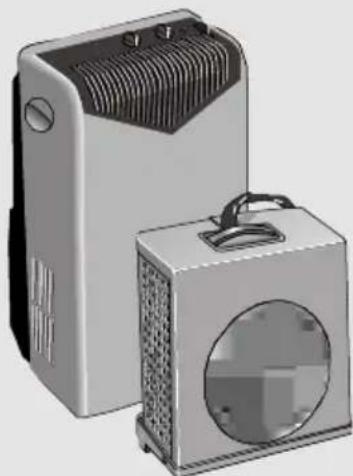 Illustration of two household appliances: a large heater unit and a smaller front panel with a circular vent. No text or symbols visible.