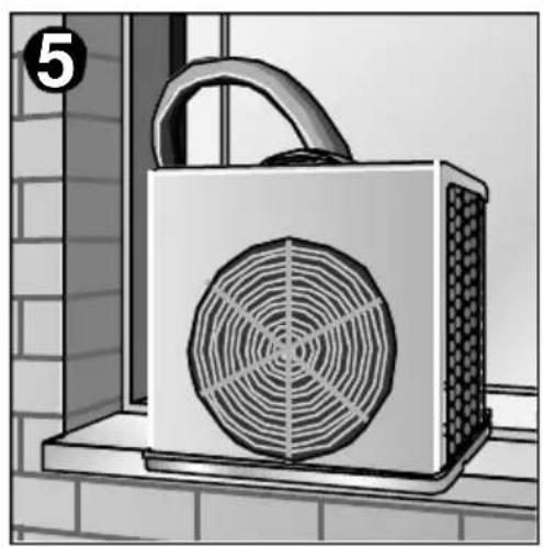 Illustration of a portable air conditioner unit with circular vent pattern, mounted on a brick wall (no text or symbols).