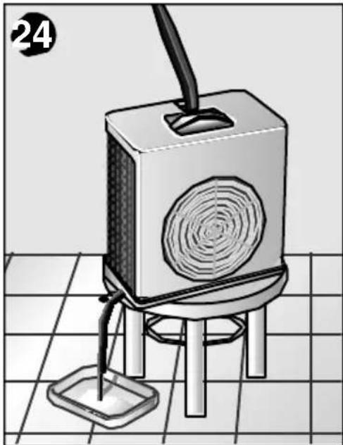 Illustration of a portable electronic device with a circular vent and base, placed on a tiled floor (no text or symbols)