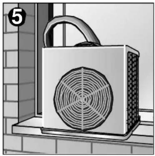 Illustration of a portable air conditioner unit with a circular vent grille, mounted on a brick wall. No text or symbols.