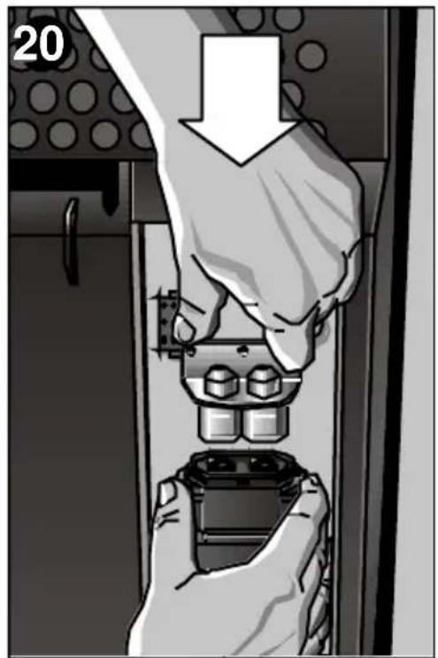 Illustration of a hand inserting a device into a control panel, with no visible text or symbols