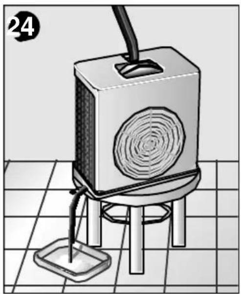 Illustration of a portable electric heater with a circular vent, mounted on a stand with a small square base and a handle, placed on a tiled floor (no text or symbols).