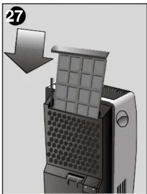Diagram of a mechanical device with a grid-patterned lid and arrow indicating process (no text or symbols).