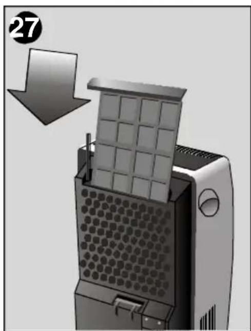 Diagram of a mechanical device with a grid-patterned lid and arrow indicating process (no text or symbols).