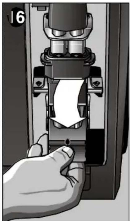 Hand pressing down a mechanical component with a white arrow indicating motion (no text or symbols visible).
