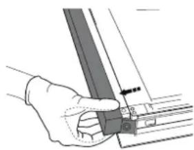Hand holding a metal bracket with a tool, no visible text or symbols.