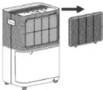 Diagram of a portable air conditioner unit with heat exchanger and side panel, showing internal structure (no text or symbols)
