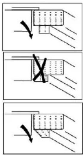 Technical diagram showing three steps of a mechanical or structural modification with arrows indicating direction and cross marks.