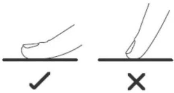 Diagram showing two hand positions on a surface with checkmark and cross symbols indicating correct and incorrect states.