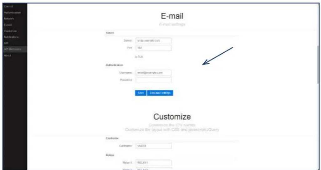 E-mail E-mail settings Server Server: w16e.example.com Port: ML To TLB Authentication Username: email@example.com Password: Save Text and settings Customize Customize the CTR names Customize the layout with CSS and geoscript(s)UQuery Customer Cardstrator: VAC54 Always New 1: RELAY1 New 2: ECL-APC