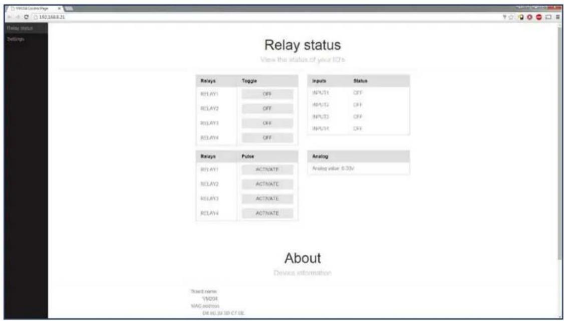 Relay status View the status of your ISO's Relays Toggle Inputs Status RELAY1 OFF INPUT1 OFF RELAY2 OFF INPUT2 OFF RELAY3 OFF INPUT3 OFF RELAY4 OFF Relays Pulse Analog RELAY1 ACTIVATE Analog value: 0.03V RELAY2 ACTIVATE RELAY3 ACTIVATE RELAY4 ACTIVATE About Device information Shared name: VMDDH MAC 000000000000000000000000000000000000000000000000000000000000000000000000000000000000000000000000000