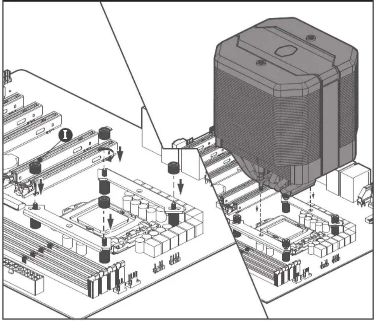 Technical diagram showing assembly of a computer motherboard with labeled components and directional arrows indicating assembly steps.