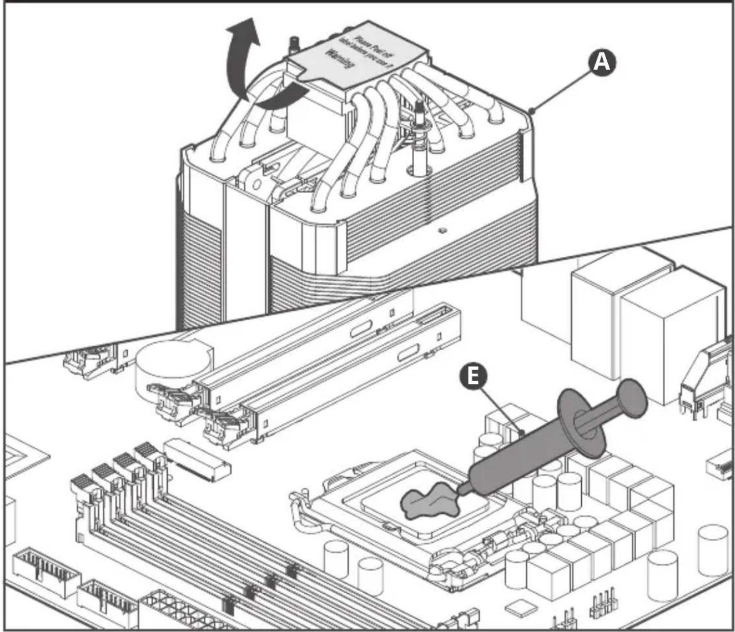 Technical diagram of a computer motherboard with labeled components A and E, showing internal cooling and assembly steps.