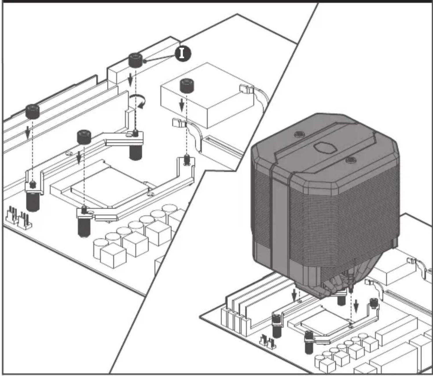 Technical diagram showing assembly of a mechanical device with labeled components and directional arrows indicating motion or assembly.