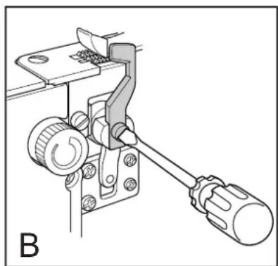 Mechanical lever mechanism diagram showing pivot and adjustment components (no text or labels)