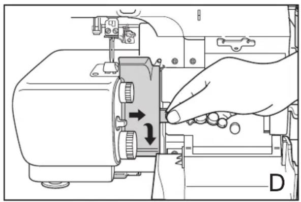Line drawing of a sewing machine with a hand adjusting the component (no text or symbols visible)