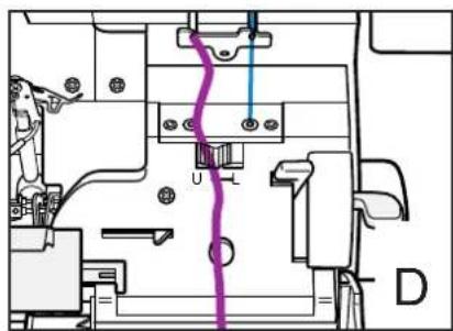 Technical diagram with labeled components and a purple line indicating a path or connection between two parts, marked with letters U and D.