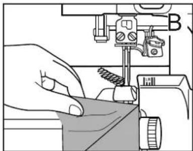 Illustration of a hand using a sewing machine to cut fabric (no text or symbols visible)
