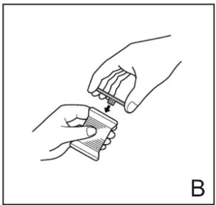 Illustration of two hands holding a card with a small object inserted, labeled B (no text or symbols on the diagram itself)