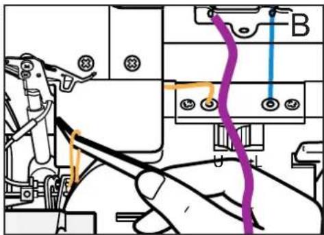 Technical diagram showing mechanical assembly with labeled components and colored wires indicating connections