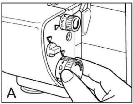 Hand operating a sewing machine with a knob and handle (no text or symbols visible)