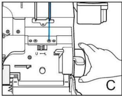 Technical diagram showing a hand operating a mechanical device with labeled components and a blue arrow indicating direction.
