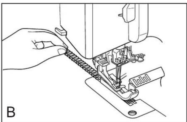 Line drawing of a sewing machine needle stitching a fabric, with no text or symbols present