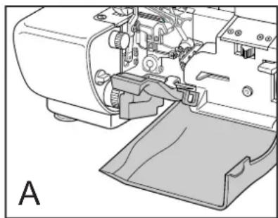 Technical line drawing of a sewing machine with visible components and fabric layer (no text or symbols)