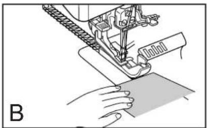 Illustration of a sewing machine needle stitching fabric, with hands operating the seam (no text or symbols)