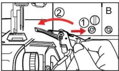 Diagram showing a hand operating a tool with labeled parts and directional arrows indicating process flow or movement.