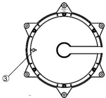 Technical diagram of a circular mechanical component with mounting holes and a central shaft (no text or symbols).