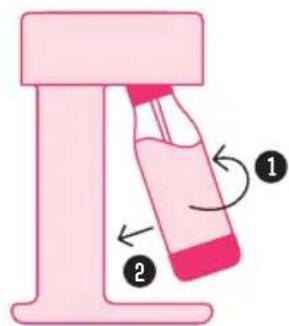 Diagram showing a bottle being inserted into a tube, labeled with parts 1 and 2 and directional arrows indicating flow or movement.