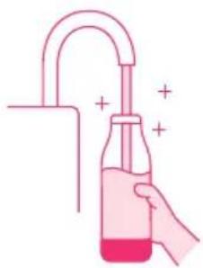 Illustration of a hand holding a bottle with a curved tube above it, emitting positive charges (no text or symbols)