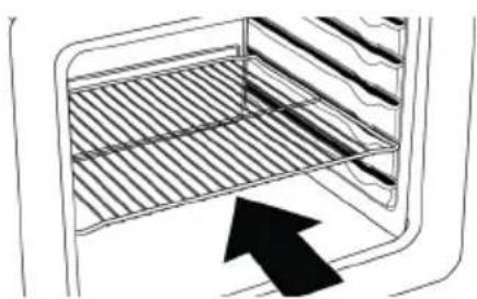 Diagram of a kitchen oven with a rack and ventilation duct, showing an arrow pointing to the interior (no text or symbols)