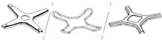 Three technical line drawings of star-shaped metal components, shown from different angles (no text or symbols)