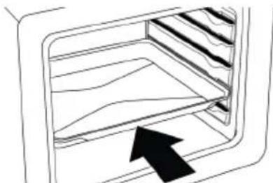Diagram of a refrigerator interior showing the door and shelves with an arrow pointing to one side.