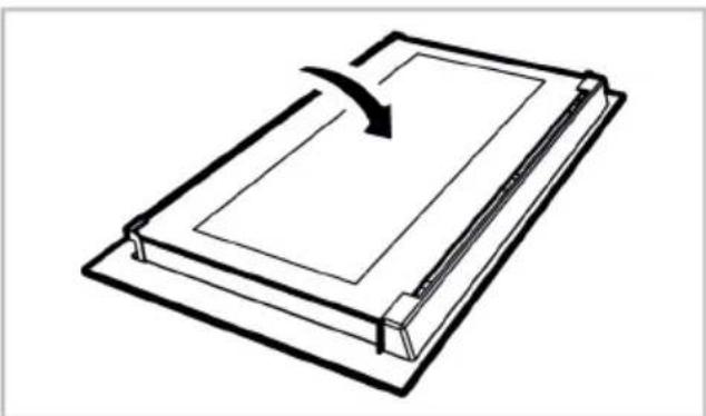 Simple line drawing of a folded document or notebook with a curved arrow indicating rotation (no text or symbols).