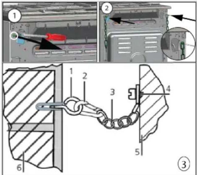 Technical diagram showing mechanical assembly steps with numbered components and a close-up of a chain link mechanism.