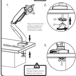 1. Hop on (3) into the bottom twister (E) according to the thickness of table. 2. φ10mm~50mm 3. Warning Please make sure to tighten the screws.